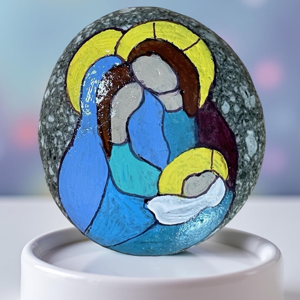 Hand crafted painted nativity rock natural background Mary Joseph Baby Jesus - Picture 2 of 10